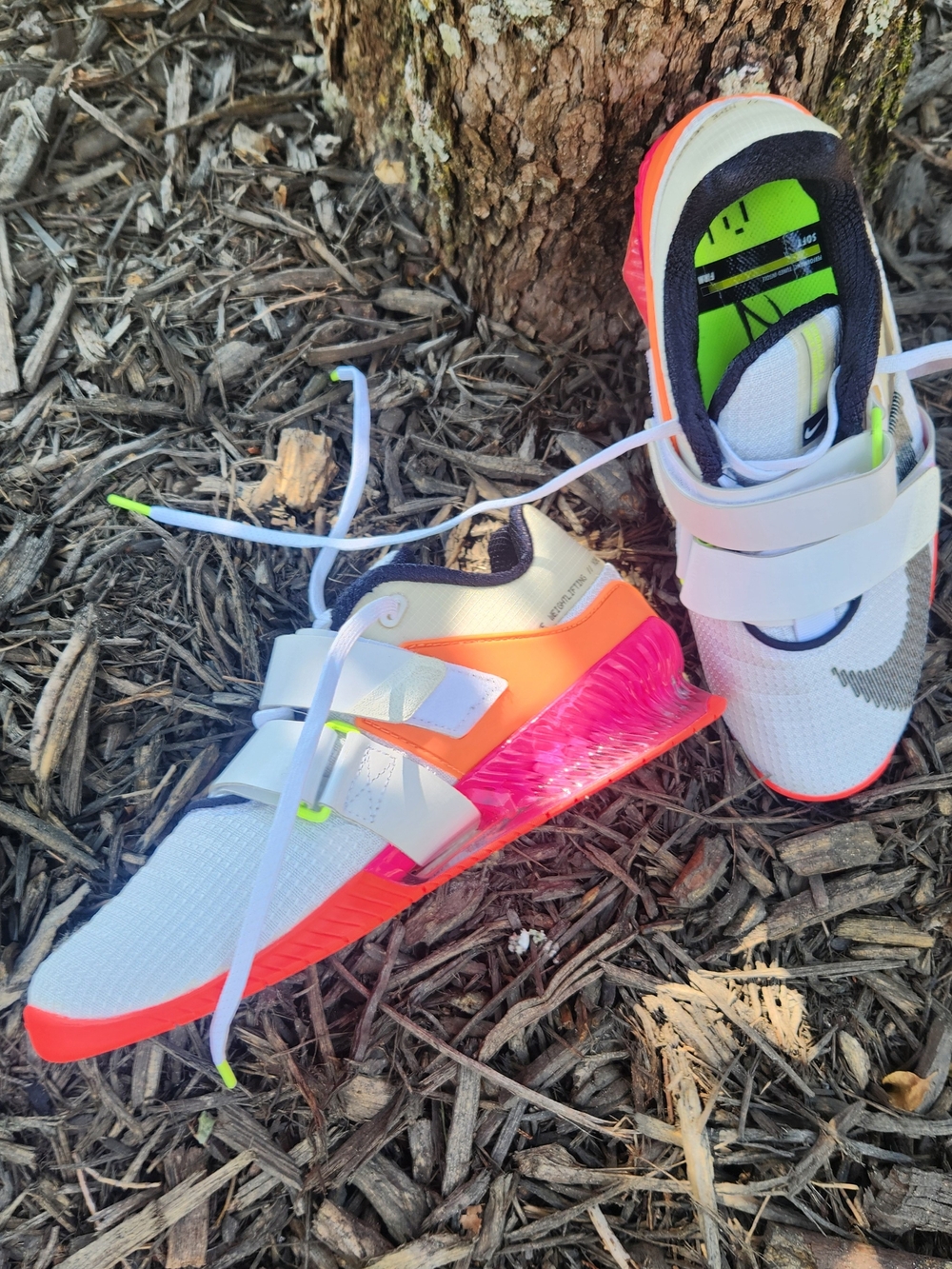 Nike Mens Weightlifting White Sneakers with Neon Orange and Pink Trim - Picture 6 of 12